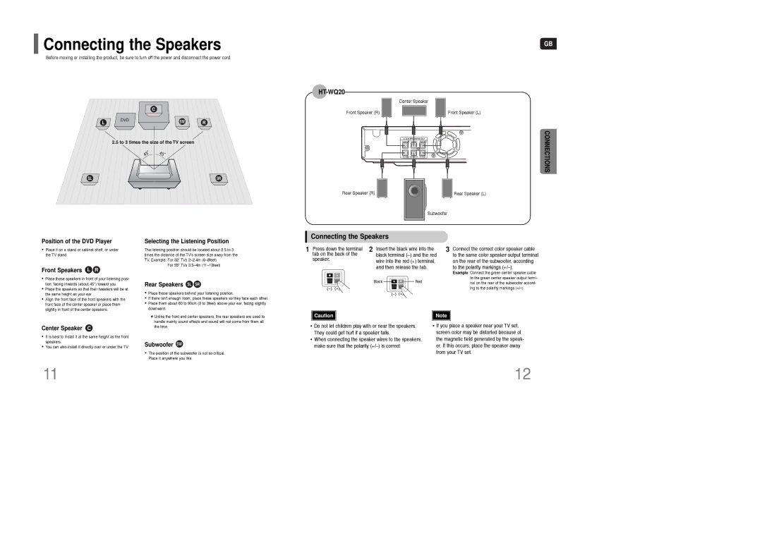 Samsung HT-WQ20R/ELS manual Connecting the Speakers 