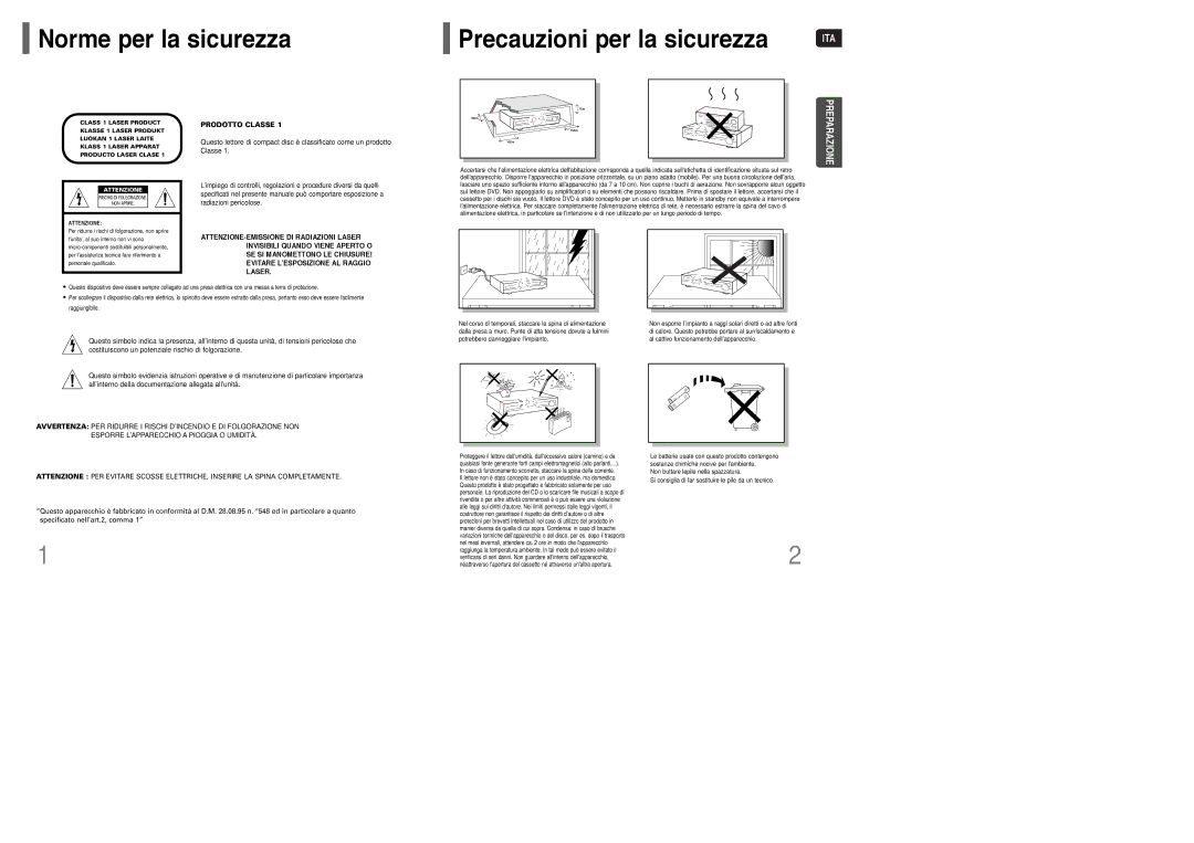 Samsung HT-WQ20R/ELS manual Norme per la sicurezza, Precauzioni per la sicurezza 