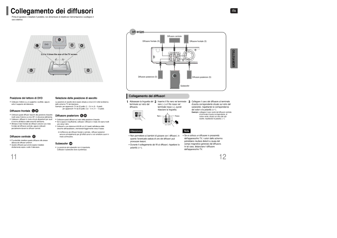 Samsung HT-WQ20R/ELS manual Collegamento dei diffusori 