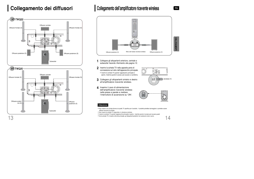 Samsung HT-WQ20R/ELS Collegamento dell’amplificatore ricevente wireless, Collegare gli altoparlanti sinistro e destro 