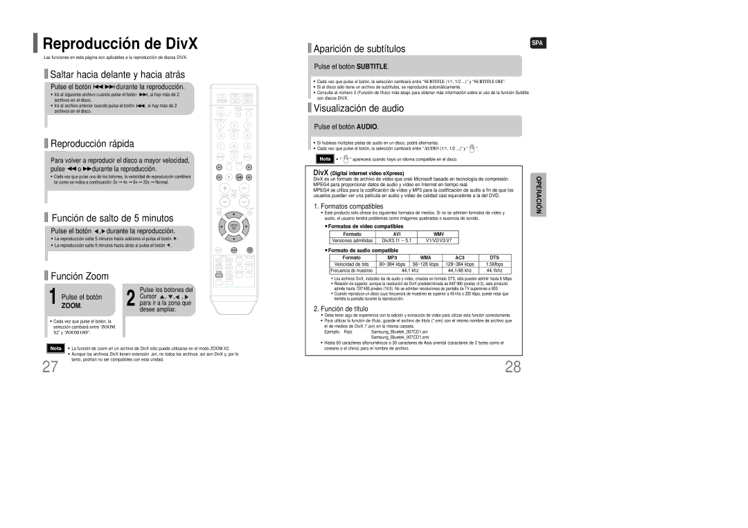 Samsung HT-WQ20R/ELS manual Reproducción de DivX 