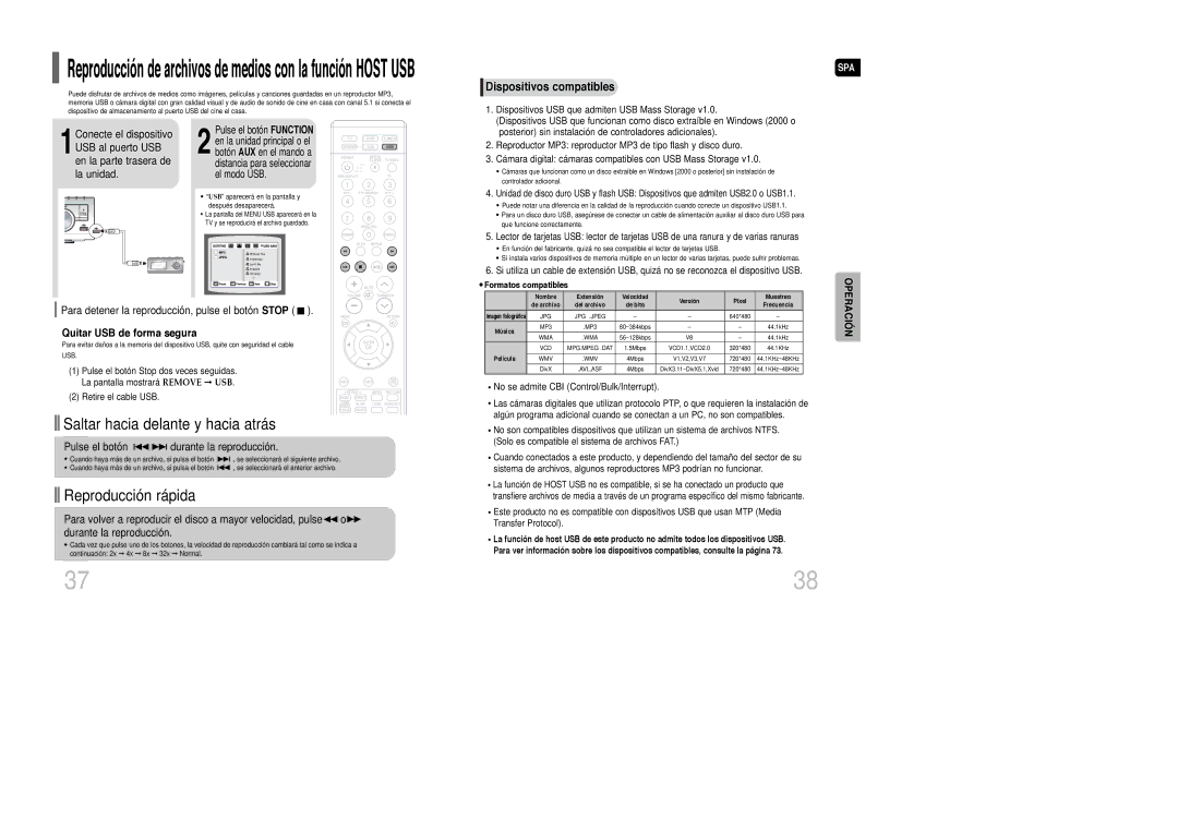 Samsung HT-WQ20R/ELS manual Para detener la reproducción, pulse el botón Stop, Quitar USB de forma segura 