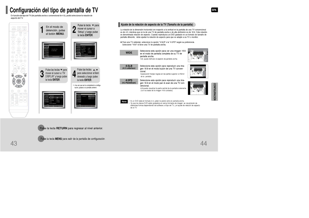 Samsung HT-WQ20R/ELS manual En el modo de Detención, pulse el botón Menu, 43PS, 43 Pan&Scan 