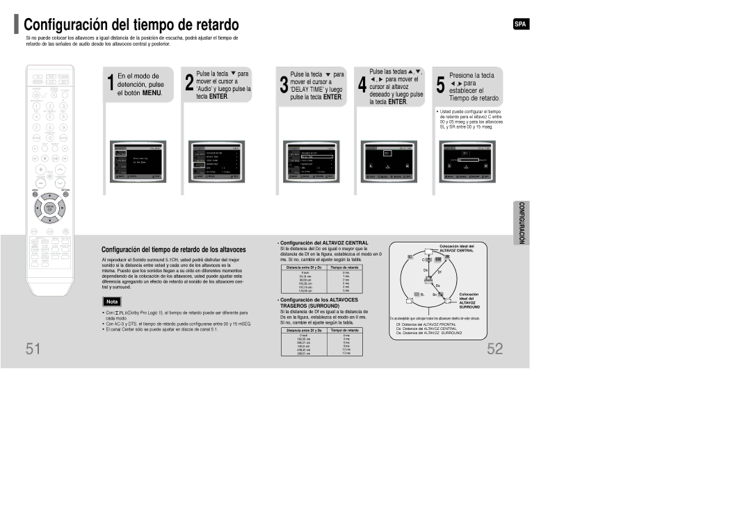 Samsung HT-WQ20R/ELS manual Configuración del tiempo de retardo de los altavoces, Configuración del Altavoz Central 