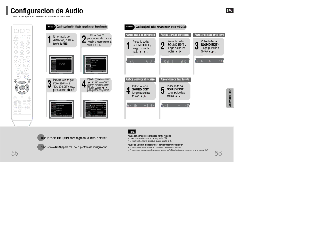 Samsung HT-WQ20R/ELS manual Configuración de Audio, Sound Edit y luego pulse la tecla, Sound Edit y luego pulse las teclas 