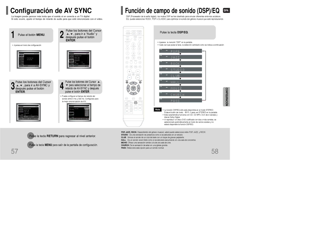 Samsung HT-WQ20R/ELS manual Configuración de AV Sync, Pulse el botón Menu, Pulse los botones del, Pulse la tecla DSP/EQ 