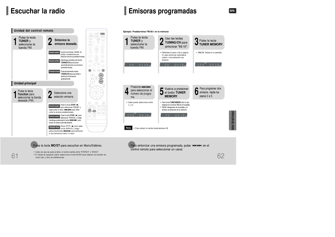 Samsung HT-WQ20R/ELS manual Escuchar la radio, Unidad del control remoto, Tuner y seleccione la banda FM, TUNING/CH para 