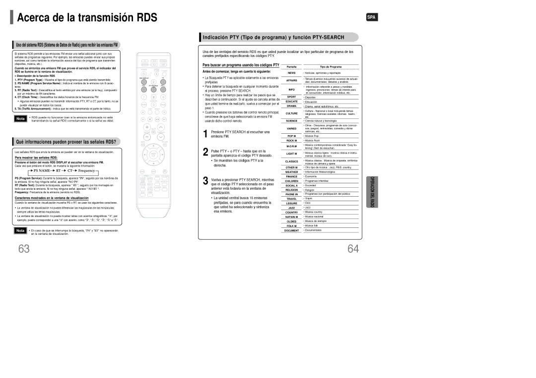 Samsung HT-WQ20R/ELS manual Indicación PTY Tipo de programa y función PTY-SEARCH 