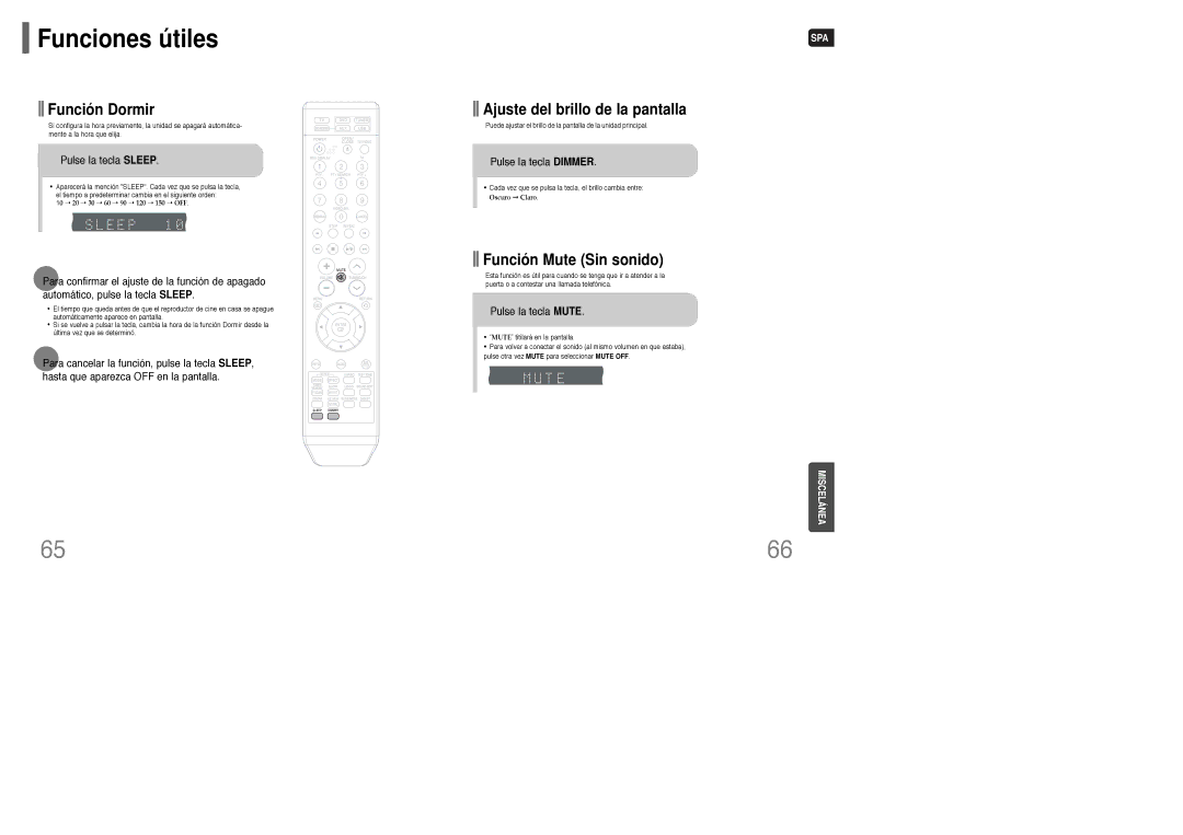 Samsung HT-WQ20R/ELS manual Funciones útiles, Función Dormir, Ajuste del brillo de la pantalla, Función Mute Sin sonido 