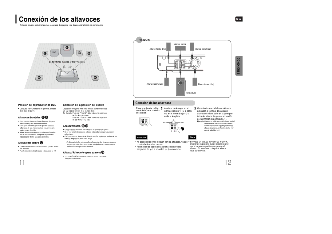 Samsung HT-WQ20R/ELS manual Conexión de los altavoces 