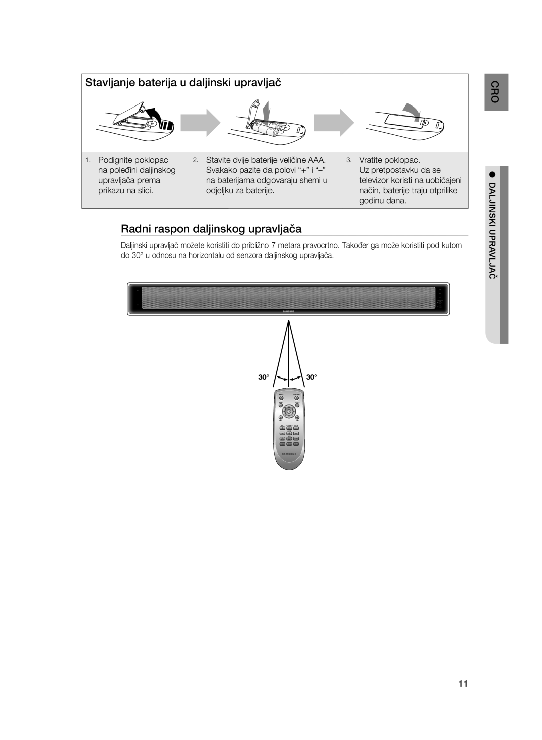 Samsung HT-WS1R/EDC, HT-WS1G/EDC, HT-WS1G/XEE Stavljanje baterija u daljinski upravljač, Radni raspon daljinskog upravljača 