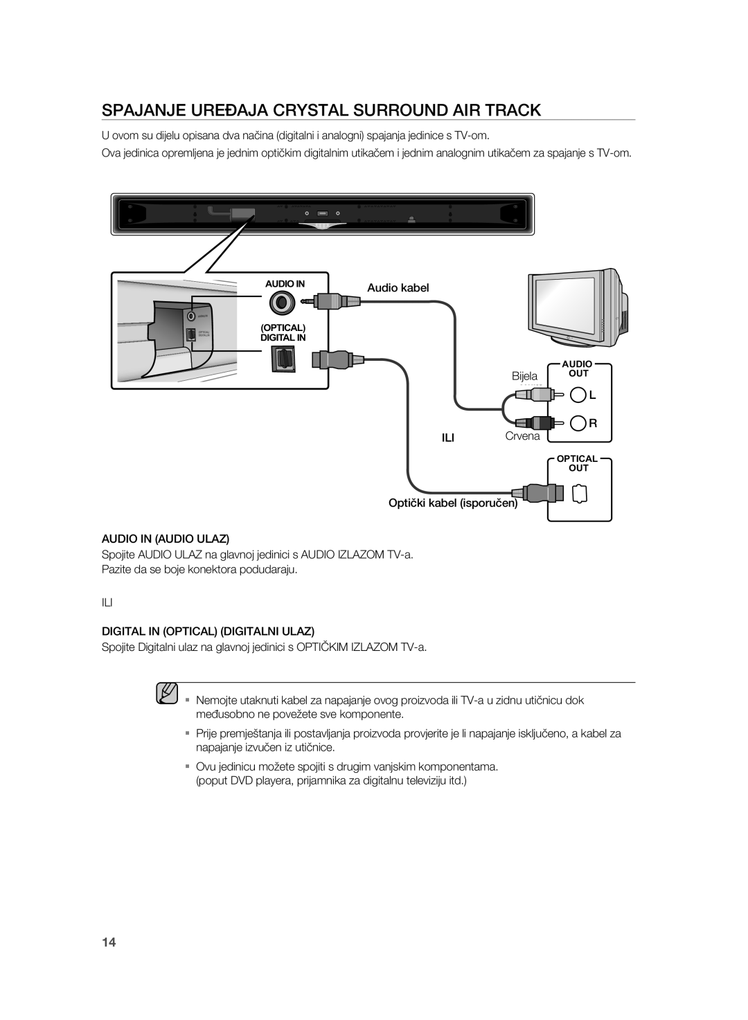 Samsung HT-SB1R/EDC, HT-WS1G/EDC, HT-WS1R/EDC, HT-WS1G/XEE Spajanje Uređaja Crystal Surround AIR Track, Audio in Audio Ulaz 