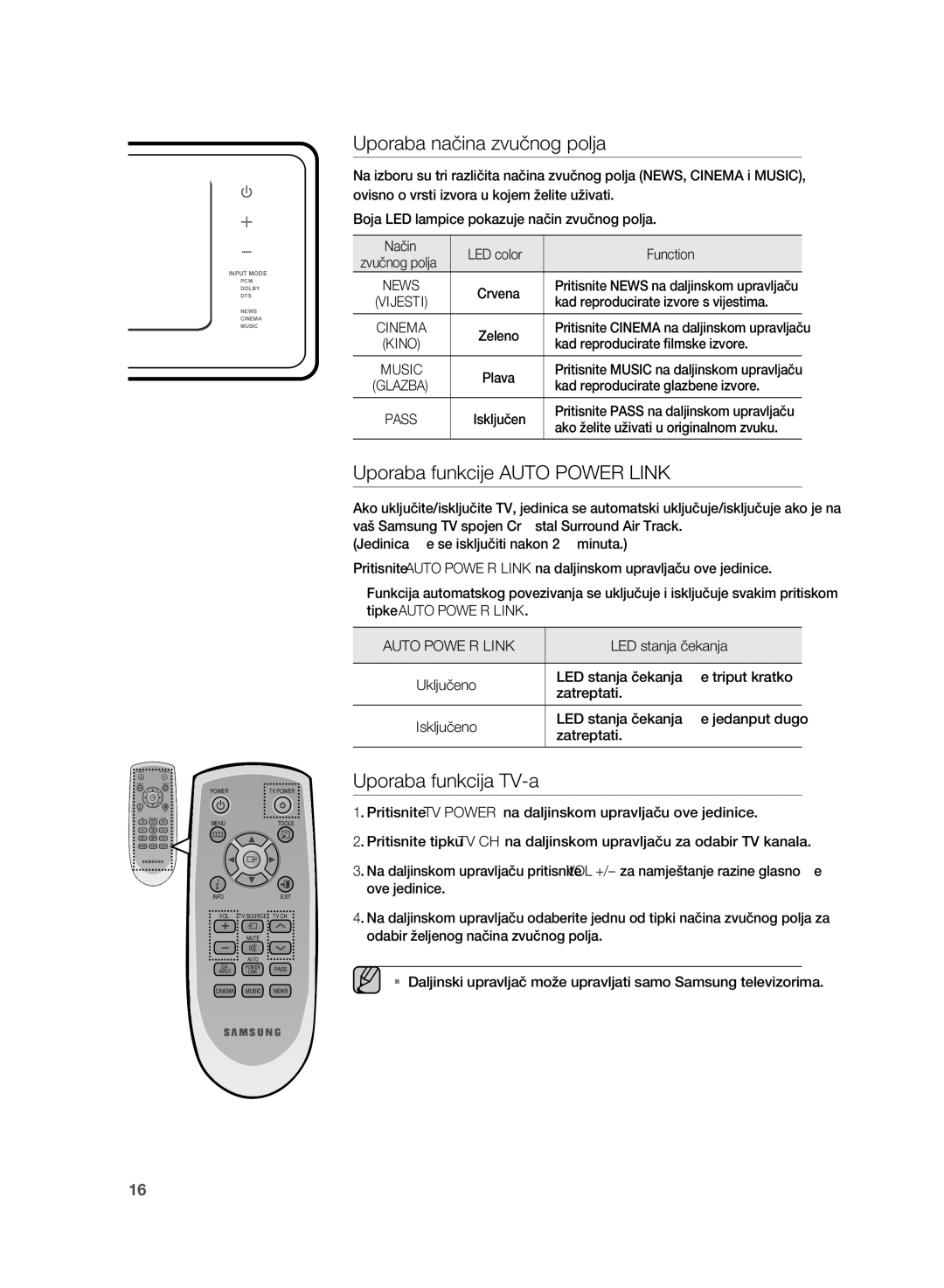 Samsung HT-WS1R/EDC, HT-WS1G/EDC Uporaba načina zvučnog polja, Uporaba funkcije Auto Power Link, Uporaba funkcija TV-a 