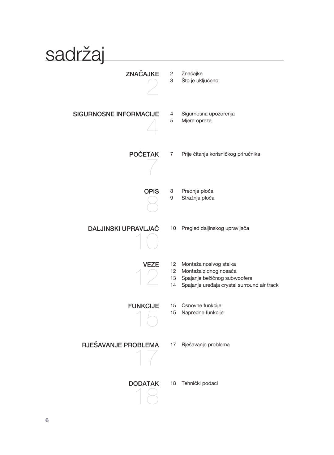 Samsung HT-WS1R/EDC, HT-WS1G/EDC, HT-WS1G/XEE, HT-WS1R/XEE, HT-SB1R/EDC manual Sadržaj, Veze 