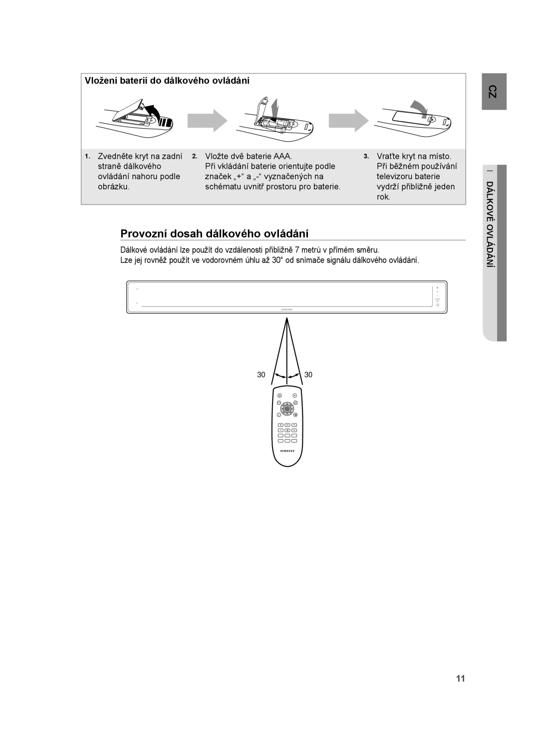 Samsung HT-WS1R/EDC manual Provozní dosah dálkového ovládání, Vložení baterií do dálkového ovládání, CZ ládáníové lkovdá 