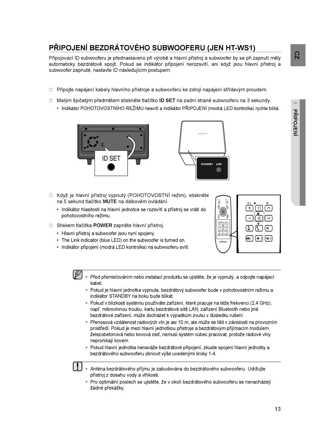 Samsung HT-WS1G/XEF, HT-WS1G/EDC, HT-WS1R/EDC, HT-WS1R/XEF manual Připojení Bezdrátového Subwooferu JEN HT-WS1, Jení řipop 