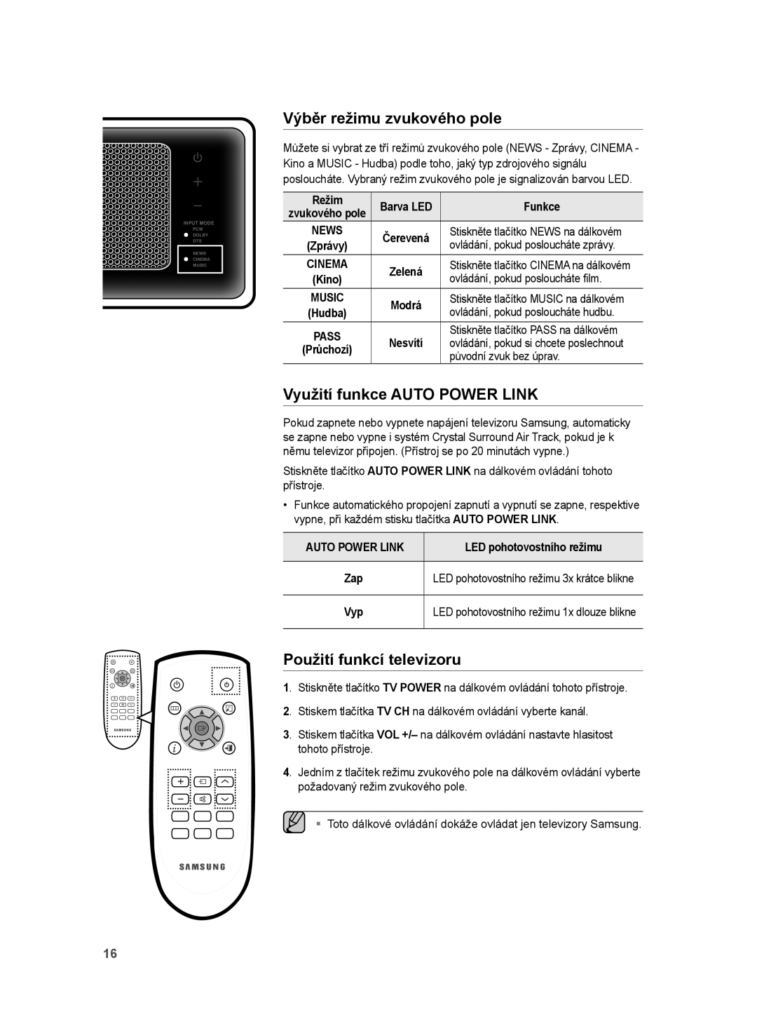 Samsung HT-WS1R/EDC, HT-WS1G/EDC Výběr režimu zvukového pole, Využití funkce Auto Power Link, Použití funkcí televizoru 