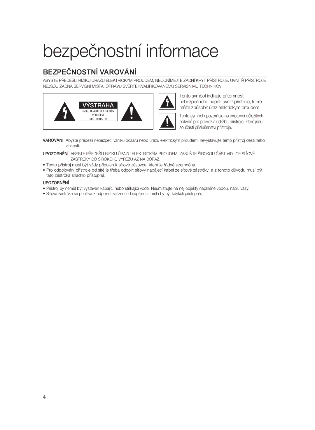 Samsung HT-SB1G/XEF, HT-WS1G/EDC, HT-WS1R/EDC, HT-WS1R/XEF, HT-WS1G/XEF manual Bezpečnostní informace, Bezpečnostní Varování 