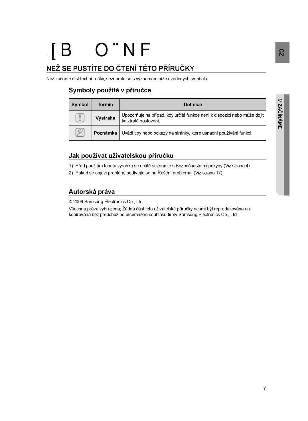 Samsung HT-WS1R/XEF manual Začínáme, NEŽ SE Pustíte do Čtení Této Příručky, Symboly použité v příručce, Autorská práva 