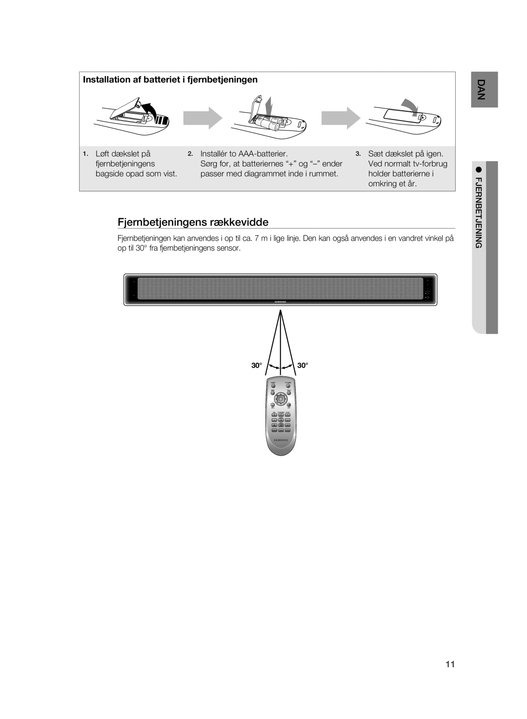 Samsung HT-WS1R/XEE, HT-WS1G/XEE manual Fjernbetjeningens rækkevidde 