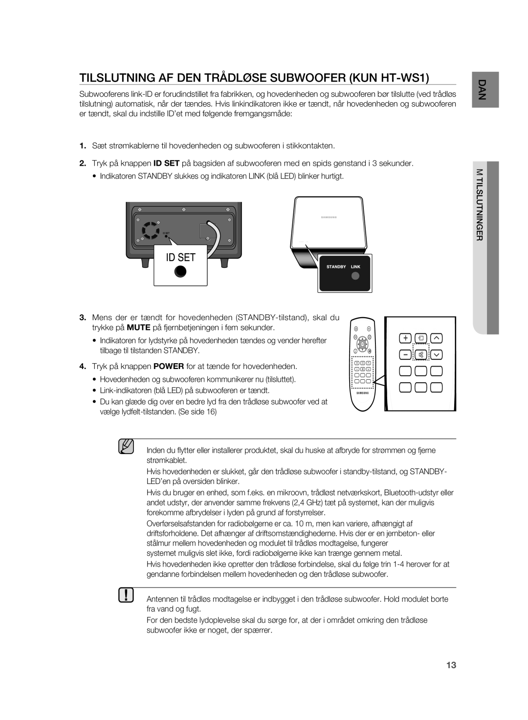 Samsung HT-WS1R/XEE, HT-WS1G/XEE manual Tilslutning AF DEN Trådløse Subwoofer KUN HT-WS1 