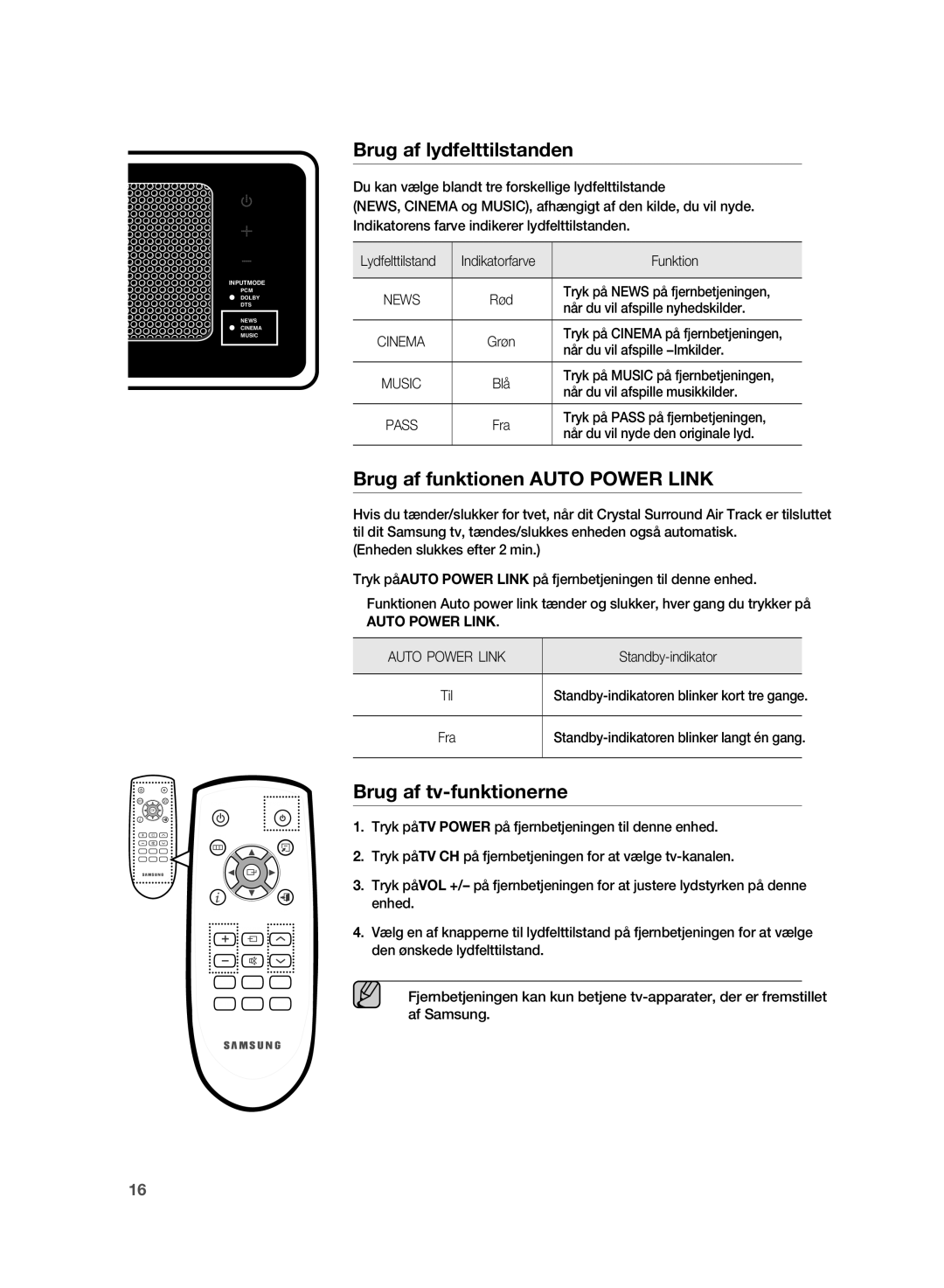 Samsung HT-WS1G/XEE, HT-WS1R/XEE manual Brug af lydfelttilstanden, Auto Power Link 