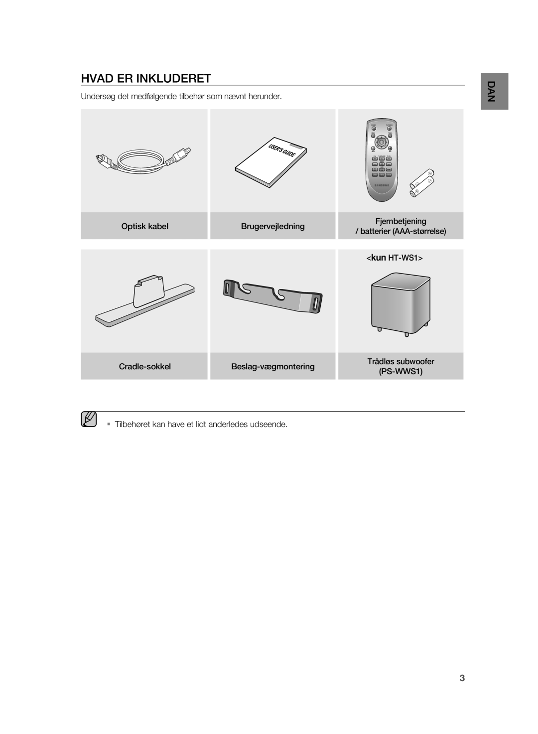 Samsung HT-WS1R/XEE, HT-WS1G/XEE manual Hvad ER Inkluderet, Dan 