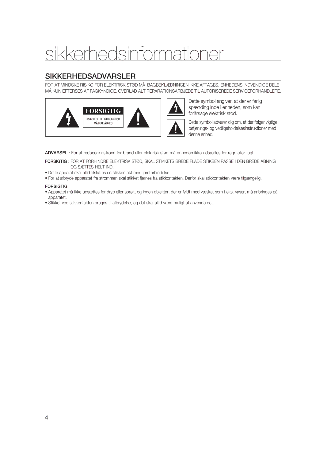 Samsung HT-WS1G/XEE, HT-WS1R/XEE manual Sikkerhedsinformationer, Sikkerhedsadvarsler 