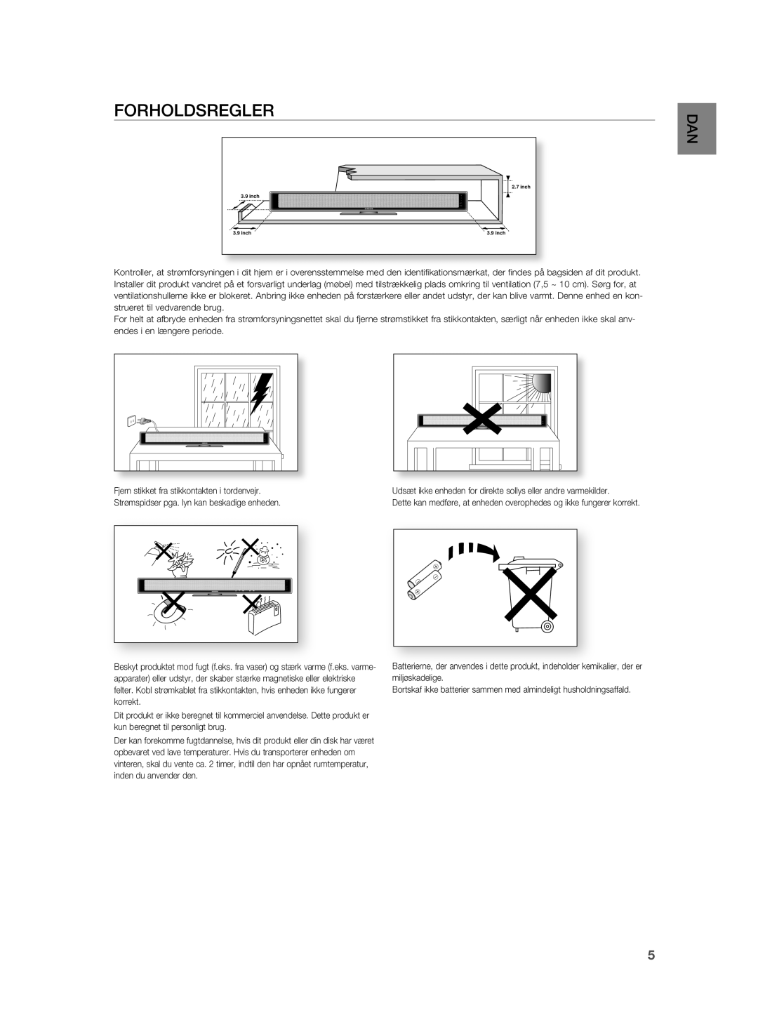 Samsung HT-WS1R/XEE, HT-WS1G/XEE manual Forholdsregler 