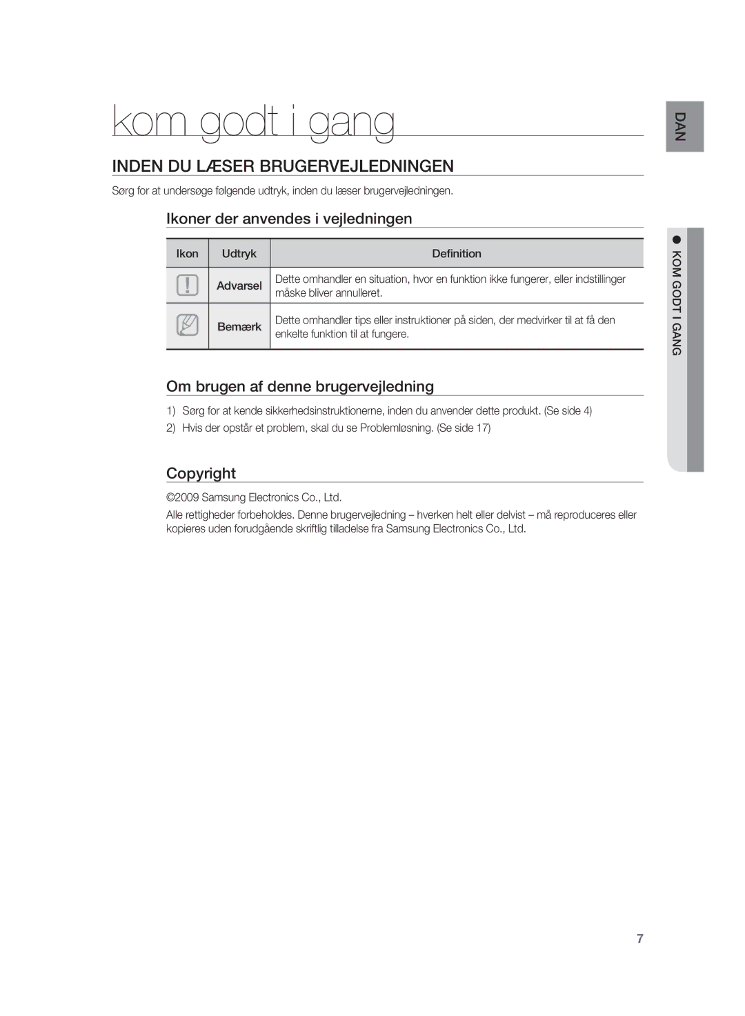 Samsung HT-WS1R/XEE, HT-WS1G/XEE manual Kom godt i gang, Inden DU Læser Brugervejledningen 