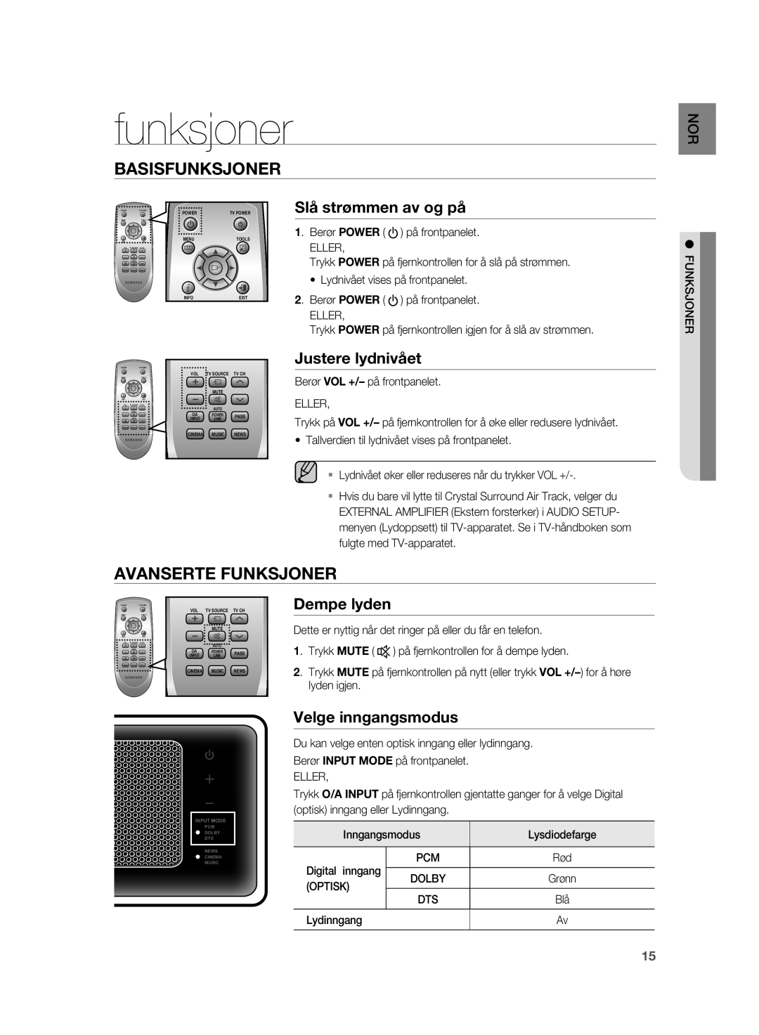 Samsung HT-WS1R/XEE, HT-WS1G/XEE manual Funksjoner, Basisfunksjoner 