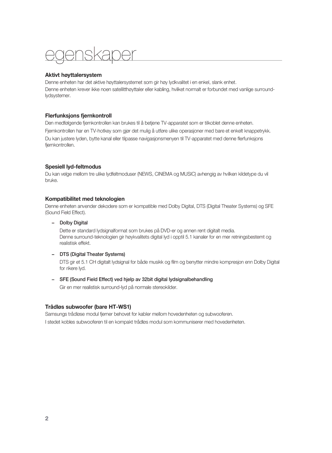 Samsung HT-WS1G/XEE, HT-WS1R/XEE manual Egenskaper, Aktivt høyttalersystem 