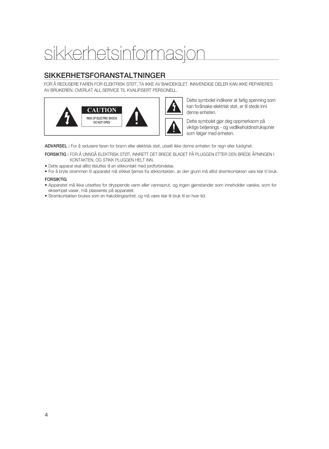 Samsung HT-WS1G/XEE, HT-WS1R/XEE manual Sikkerhetsinformasjon, Sikkerhetsforanstaltninger 