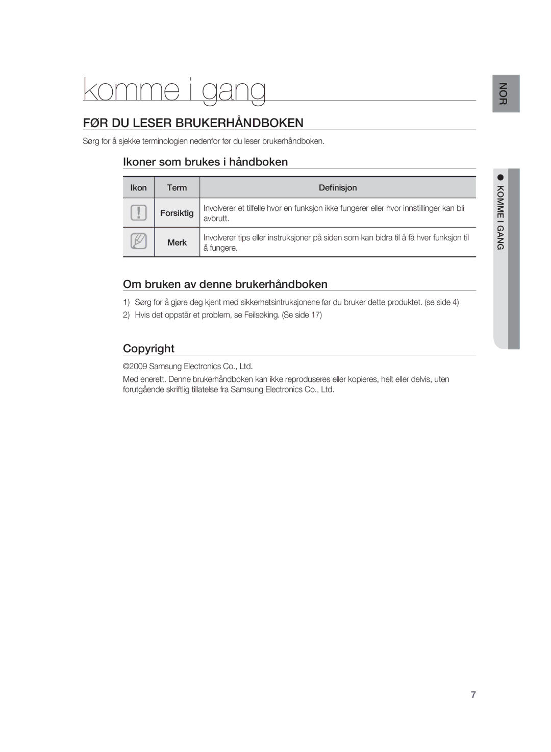 Samsung HT-WS1R/XEE, HT-WS1G/XEE manual Komme i gang, FØR DU Leser Brukerhåndboken 