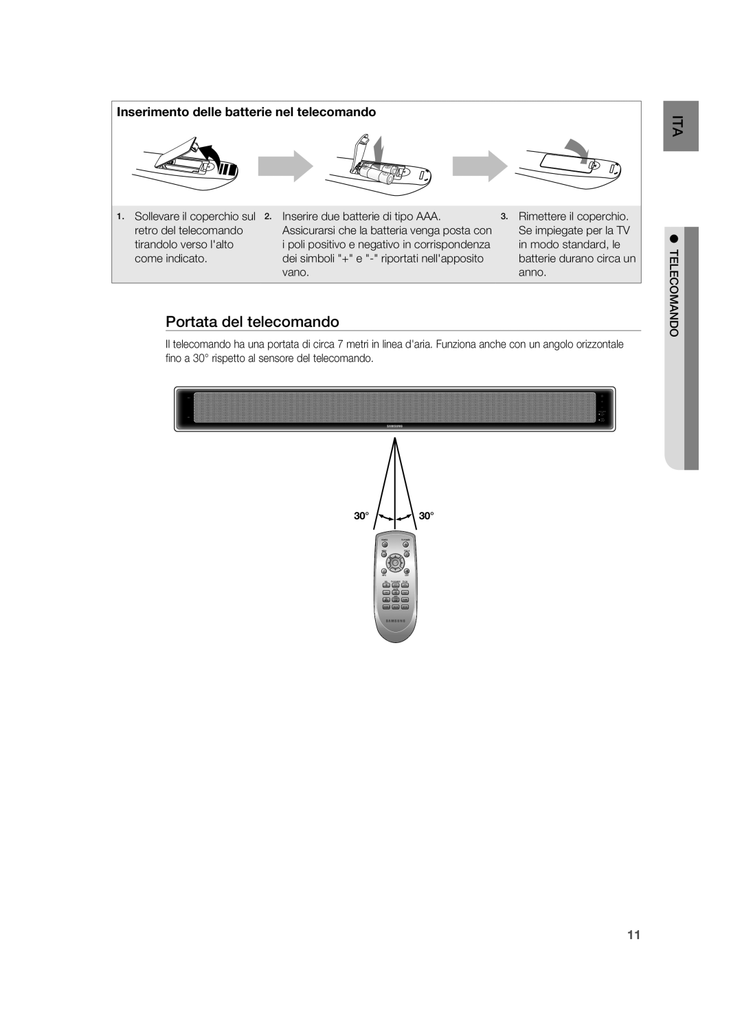 Samsung HT-SB1G/XET, HT-WS1G/XET, HT-WS1R/XET, HT-SB1R/XET manual Portata del telecomando 