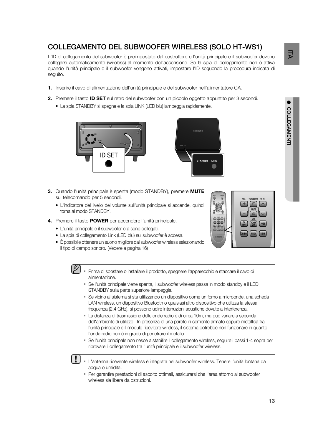 Samsung HT-WS1R/XET, HT-WS1G/XET, HT-SB1R/XET, HT-SB1G/XET manual Collegamento DEL Subwoofer Wireless Solo HT-WS1 