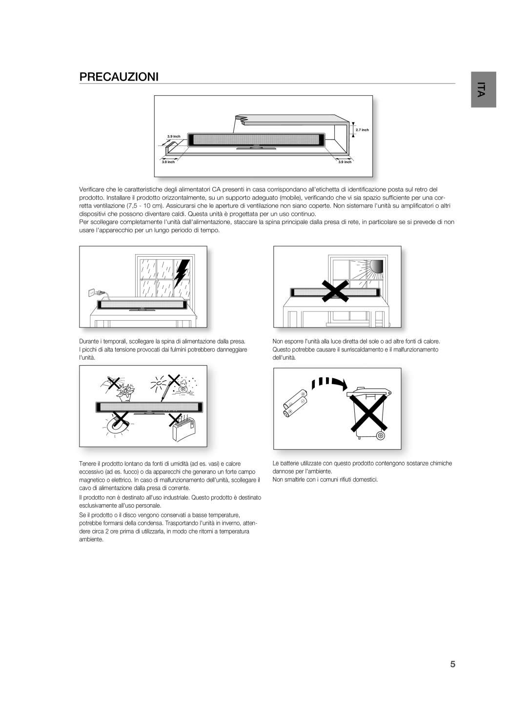 Samsung HT-WS1R/XET, HT-WS1G/XET, HT-SB1R/XET, HT-SB1G/XET manual PRECAuzIONI 