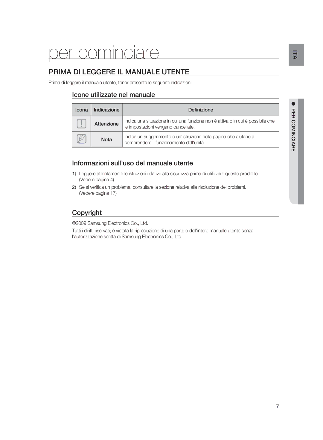 Samsung HT-SB1G/XET, HT-WS1G/XET, HT-WS1R/XET, HT-SB1R/XET manual Per cominciare, Prima DI Leggere IL Manuale Utente 