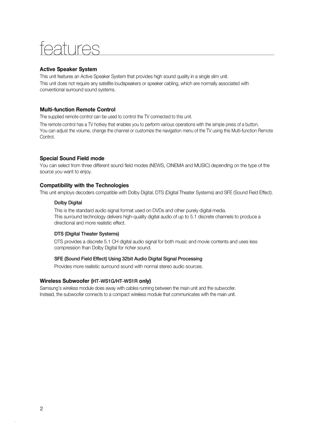 Samsung HT-SB1G, HT-WS1R, HT-SB1R, HT-WS1G user manual Features, Active Speaker System 