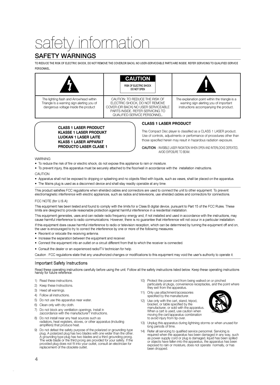 Samsung HT-WS1R, HT-SB1R, HT-SB1G, HT-WS1G user manual Safety information, Safety Warnings, Important Safety Instructions 