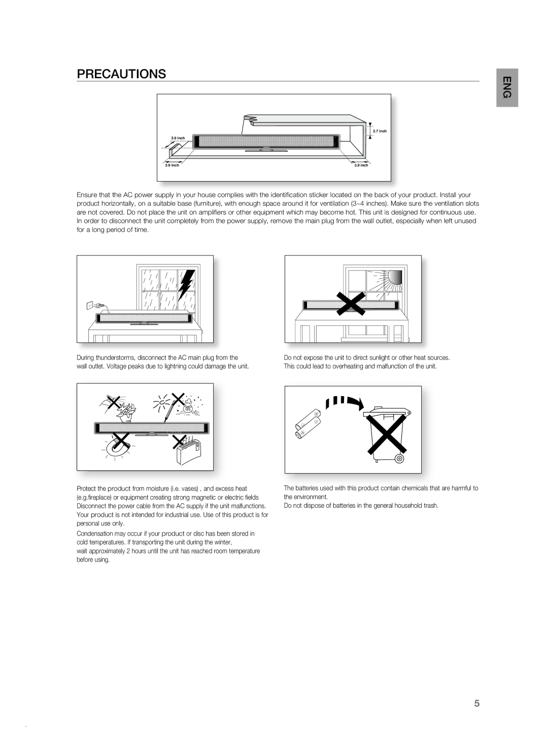 Samsung HT-SB1R, HT-WS1R, HT-SB1G, HT-WS1G user manual Precautions 