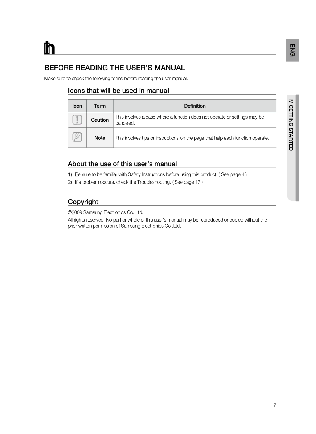 Samsung HT-WS1G Getting started, Before Reading the User’s Manual, Icon Term Definition, Canceled, Getting Started 