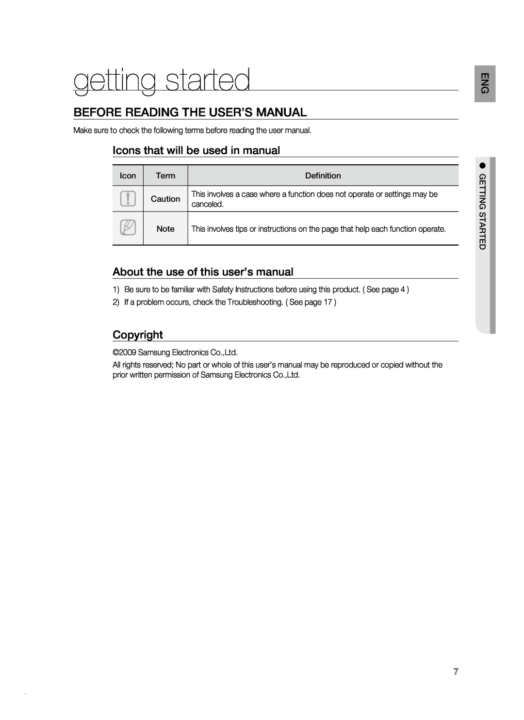 Samsung HT-WS1G, HT-WS1R, HT-SB1R, HT-SB1G user manual getting started, Icons that will be used in manual, Copyright 
