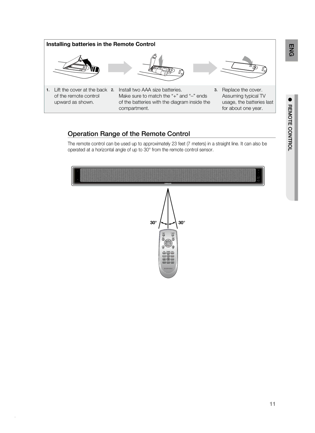 Samsung HT-SB1G, HT-WS1R, HT-SB1R user manual Installing batteries in the Remote Control, Compartment For about one year 