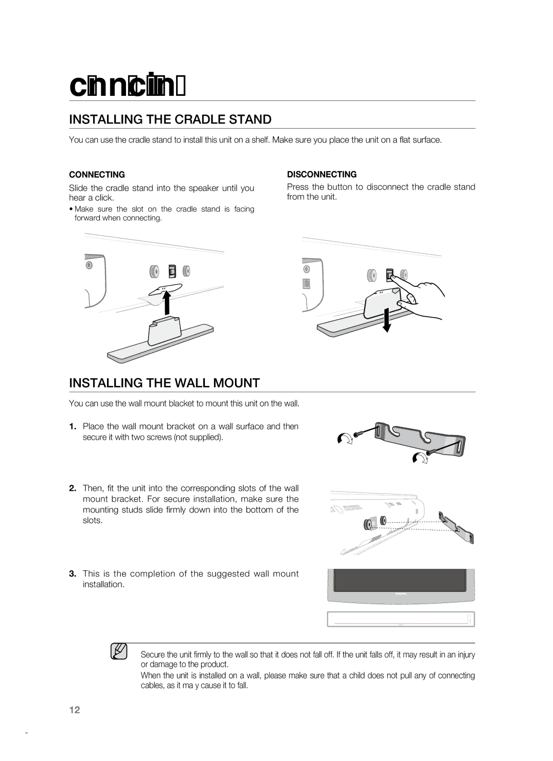 Samsung HT-WS1R, HT-SB1R, HT-SB1G user manual Connections, INSTAllING the Cradle Stand, INSTAllING the WAll Mount 