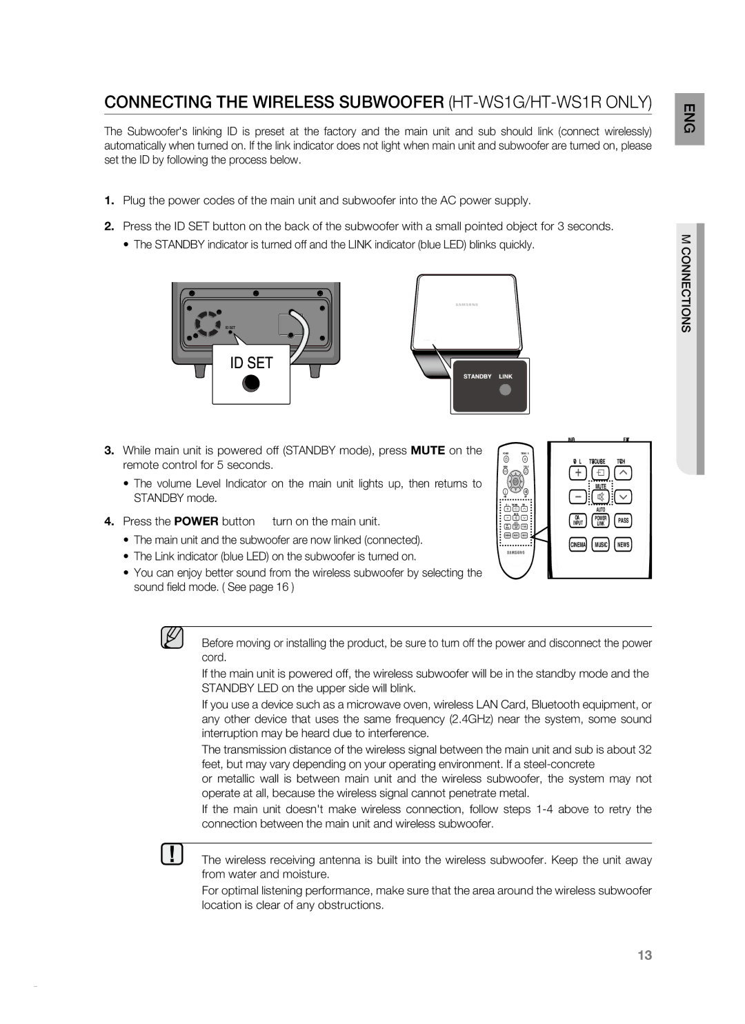 Samsung HT-SB1R, HT-SB1G user manual Connecting the WIrElESS SUBWOOFEr HT-WS1G/HT-WS1R only 