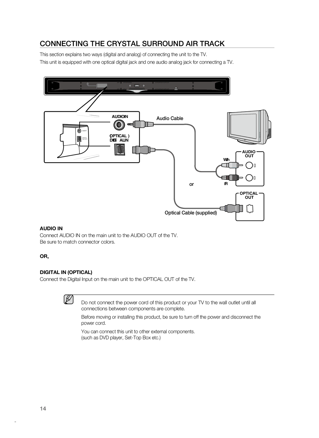 Samsung HT-SB1G, HT-WS1R, HT-SB1R user manual Connecting the Crystal Surround AIR Track, OrRed, Optical Cable supplied 