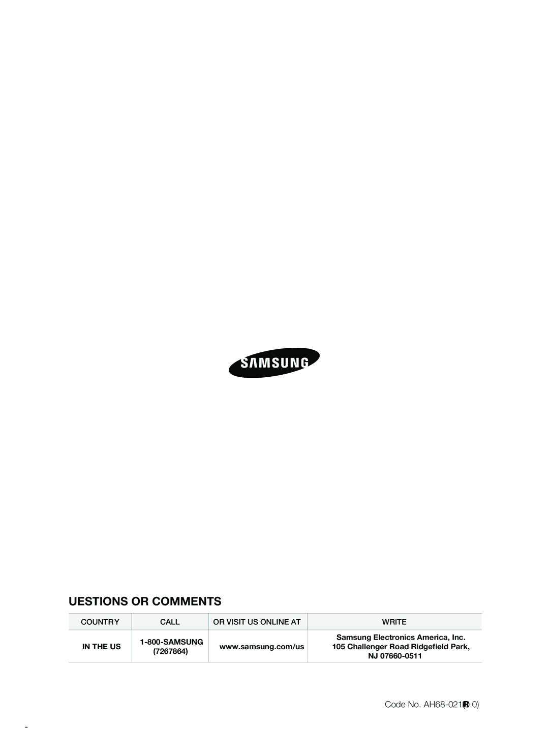 Samsung HT-WS1R, HT-SB1R, HT-SB1G user manual Questions or COMMENTS?, Code No. AH68-02184R0.0 