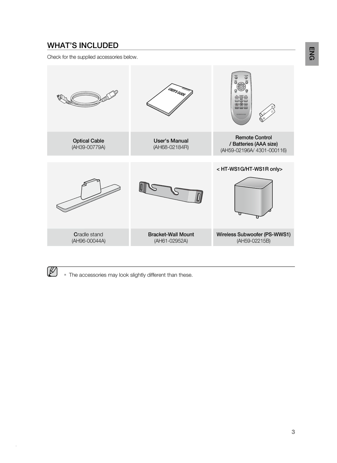 Samsung HT-SB1R WHAT’s inclUDED, Check for the supplied accessories below, Remote Control, HT-WS1G/HT-WS1R only 