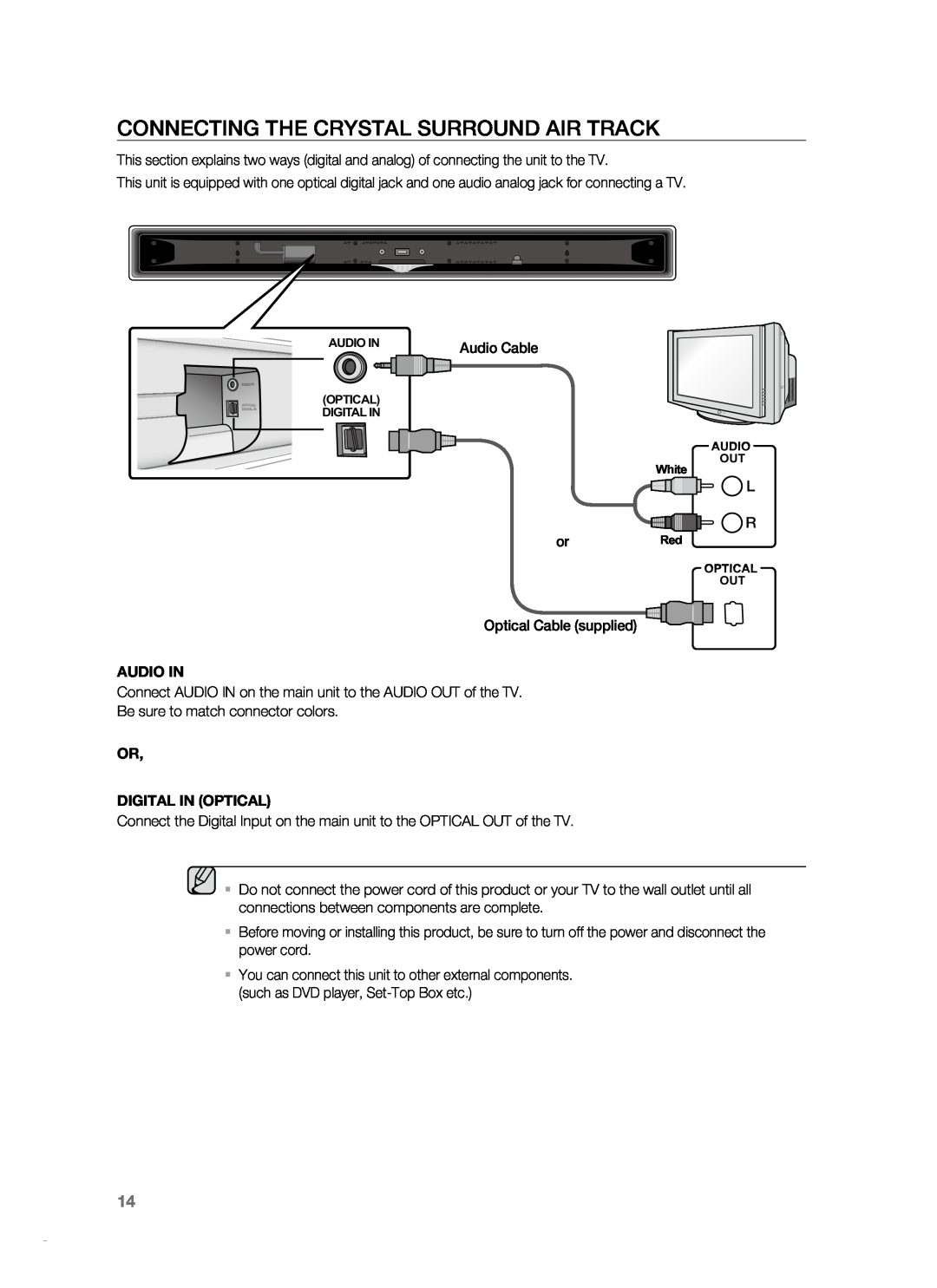 Samsung HT-SB1G, HT-WS1R, HT-SB1R user manual connecting the CRYSTAL SURROUND AIR TRACK, Audio In, Or Digital In Optical 